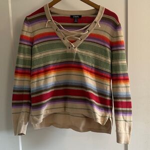 Chaps Women's V-Neck Striped Sweater - Red, Green, Purple, Cream